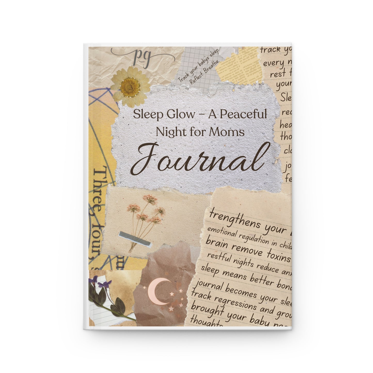 Sleep Glow Journal cover with calming collage design and baby sleep messages.